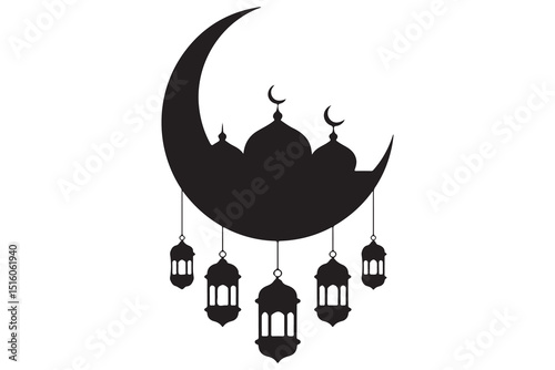 Mosque and crescent moon silhouette on white background
