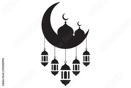 Mosque and crescent moon silhouette on white background
