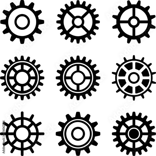 Nine black cogwheel gear icons set
