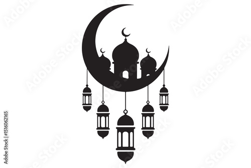 Mosque and crescent moon silhouette on white background
