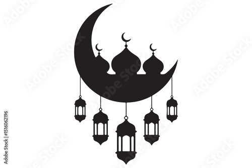 Mosque and crescent moon silhouette on white background

