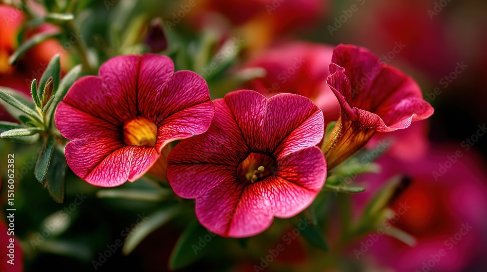 Fototapeta premium Vibrant red Calibrachoa blooms in focus, soft green backdrop. Nature's delicate beauty in a single frame.