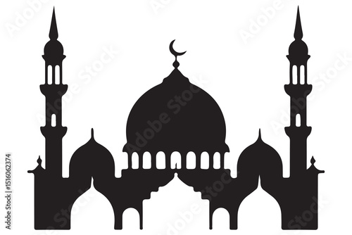 Mosque and crescent moon silhouette on white background
