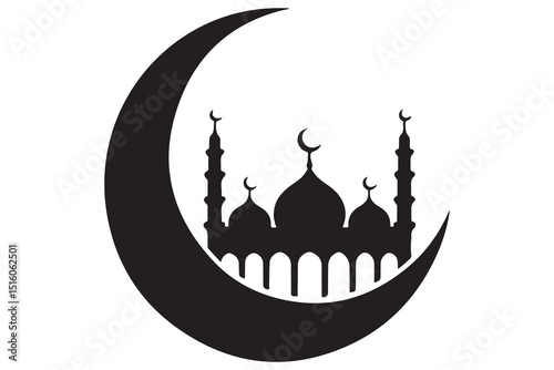 Mosque and crescent moon silhouette on white background
