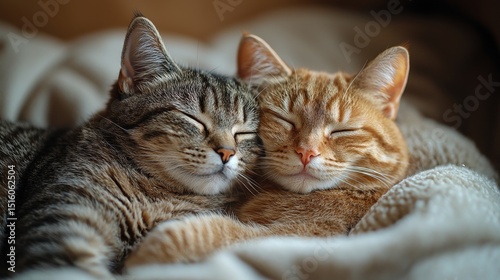 two cute cats, gray and ginger, with closed eyes, sleeping and hugging each other in a soft blanket