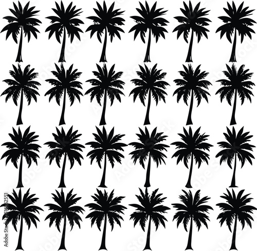 Collection of twenty four black silhouette palm trees on white background