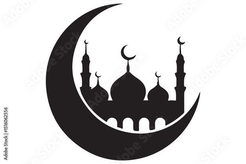 Mosque and crescent moon silhouette on white background
