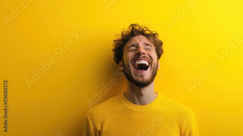 A man joyfully laughing in front of a vibrant yellow backdrop, encapsulating pure happiness and positivity, highlighted by the bright color symbolizing cheerfulness and joy.