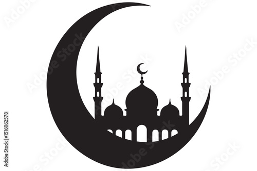 Mosque and crescent moon silhouette on white background
