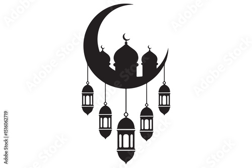 Mosque and crescent moon silhouette on white background
