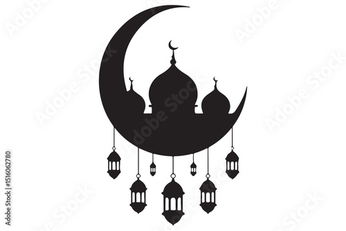 Mosque and crescent moon silhouette on white background
