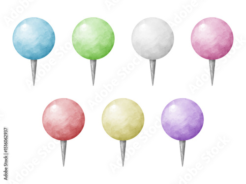 水彩画風のカラフルな画鋲のイラストセット