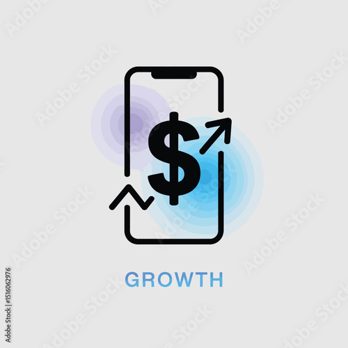 Mobile phone illustration depicting dollar sign with growth arrows vector art conceptualizing financial development and business expansion
