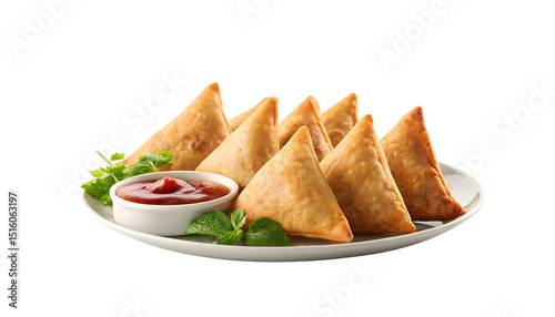 Golden crispy samosas with tomato chutney and fresh herbs served on white plate