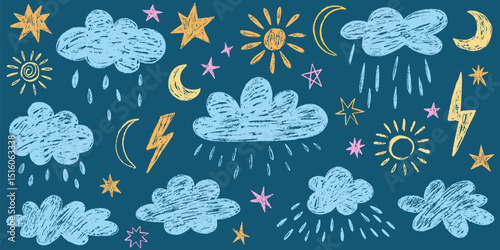 Crayon drawn kids clouds stars and cute moon set. Hand drawn various cloud shapes. Childish doodle naive icons pastel texture. Naive style childish vector elements isolated on blue background