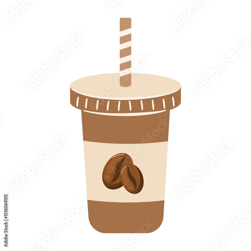 Iced coffee cup with a straw and coffee bean logo, perfect for cafe, summer, and refreshing drink themes.