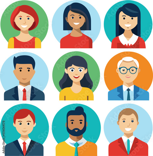 Diverse set of flat icon style professional headshots for website or app