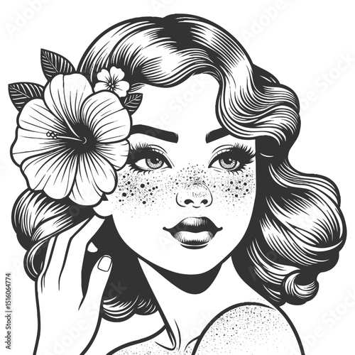 beautiful freckled woman with wavy hair and a hibiscus flower sketch engraving generative ai fictional character vector illustration. Scratch board imitation. Black and white image.