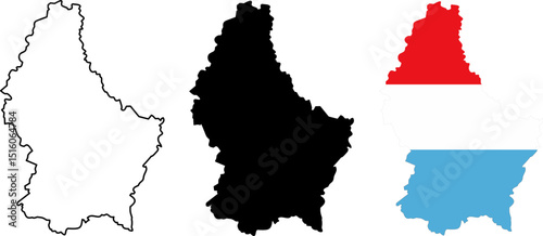 Set of Luxembourg maps in three styles: outline, solid silhouette, and national flag fill. Ideal for use in infographics, education, or editorial design. Isolated on white background.