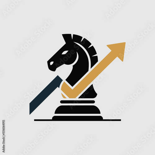 Strategic business growth concept illustrated with a chess knight and ascending arrow representing progress and development in a simple flat design vector
