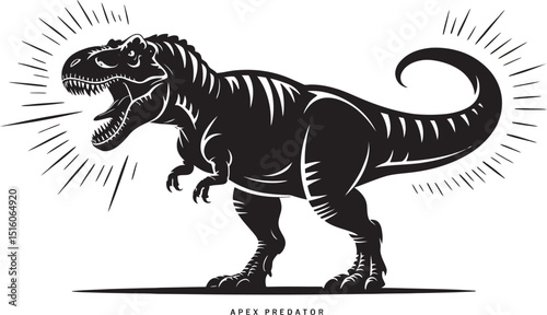 Bold silhouette illustration of a ferocious tyrannosaurus rex dinosaur on a white background