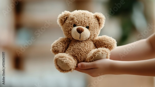 A soft and lovable teddy bear held gently in the hands of a child, representing innocence, love, and the comfort of childhood memories.