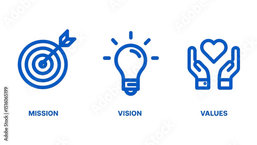 Blue icons representing mission vision and values emphasizing core principles on a black background