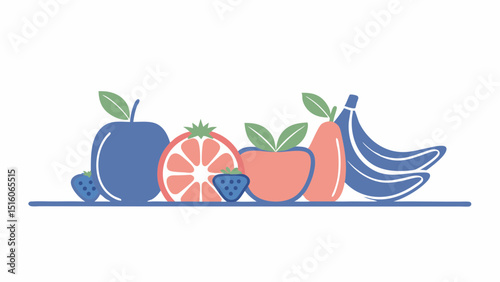 Colorful Fruits Illustration Still Life of Banana Grapefruit Plum Peach and Strawberries Modern Art Print