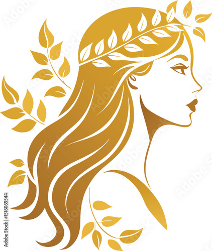 Golden goddess profile with flowing hair and leaf crown elegant design