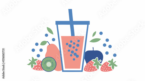 Fresh fruit boba drink healthy smoothie ingredients pear strawberry kiwi plum juice illustration clean design