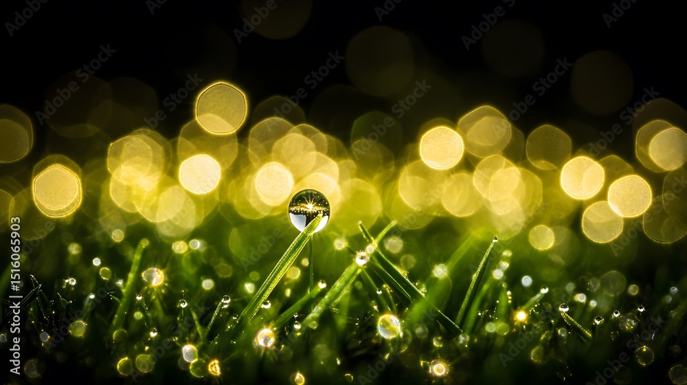 Obraz premium Dewdrop on Grass Macro Photography Golden Bokeh Background