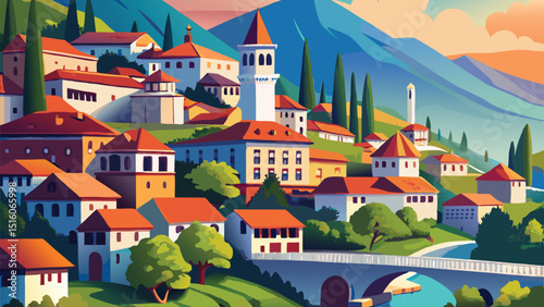 Artistic illustration of italian village with mountains and river