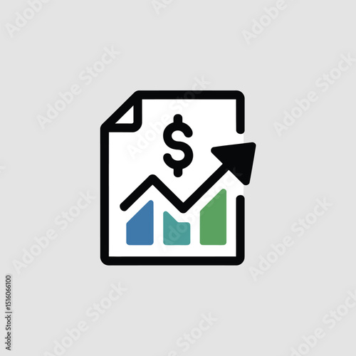 Financial growth icon demonstrating rising dollar value with upward trending arrow and growth chart on a document vector
