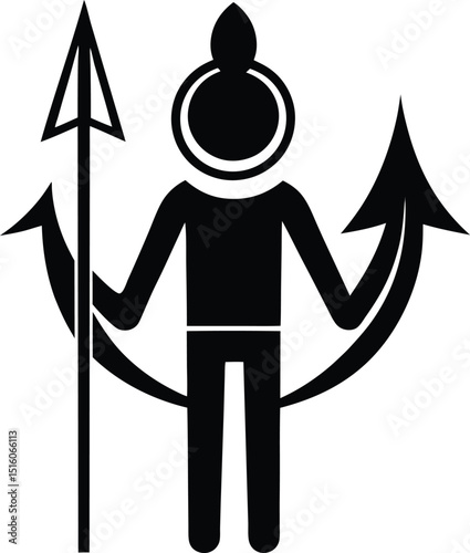 Stylized pictogram of a warrior figure holding a spear with upward curving arrows