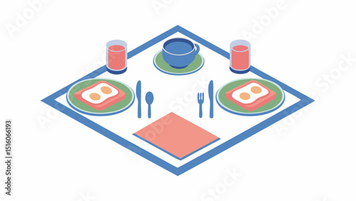Isometric Breakfast Delicious Eggs on Toast Fresh Juice and Coffee Morning Delight Food Service Vector Meal