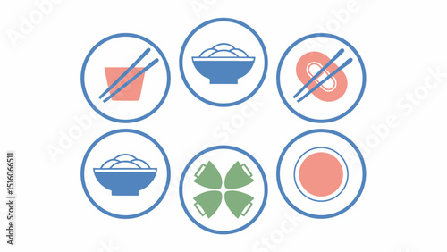 Asian Cuisine Food Icons Japanese Chinese Dishes Restaurant Menu Symbols Sushi Rice Bowl Dumplings Chopsticks