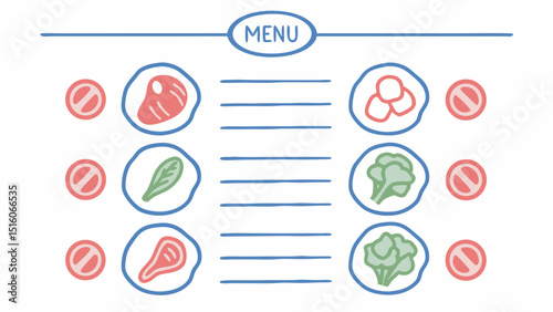 Delicious Menu Illustration with Fresh Ingredients Meat Salad Dumpling and Broccoli with Restrictions Sign