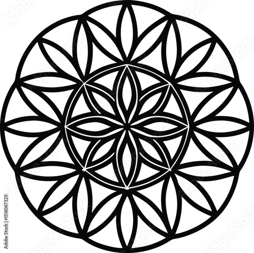 Geometric flower of life mandala design black and white circular pattern