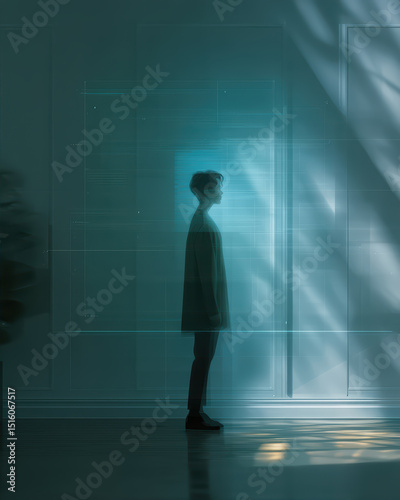 Person interacts in a minimalistic room illuminated by gentle light