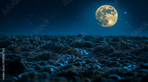 A full moon shines on the ground covered with numerous earthworms.