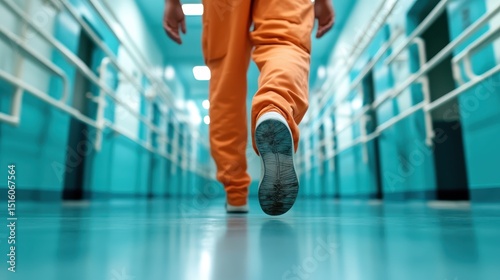 This powerful image captures an inmate in orange attire walking through a brightly lit modern jail corridor, reflecting the themes of confinement, rehabilitation, and society.