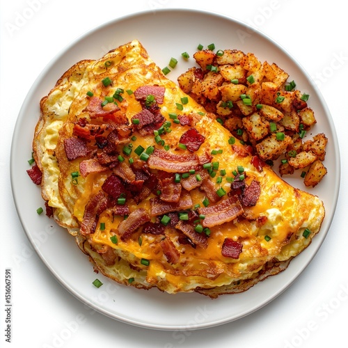Fluffy omelette stuffed with cheese, bacon, and chives, served with a side of hash browns, isolated at white background