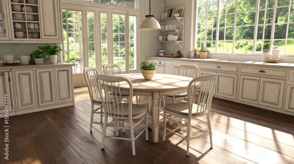 Sunlight streams into a light-filled kitchen with a rustic design. Sunlight streams into a light-filled kitchen with a rustic design.
