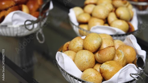 Set of coffee break in the hotel during conference meeting, with tea and coffee catering, decorated catering banquet table with variety of different pastry and bakery, with croissants, pie and cookies