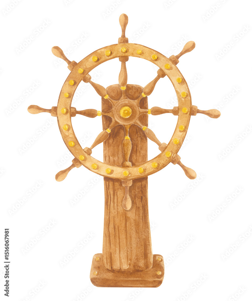 Obraz premium Wooden ship's wheel in vintage style. Watercolour isolated illustration. Brown steering wheel with golden elements in cartoon naive style hand drawn clipart.