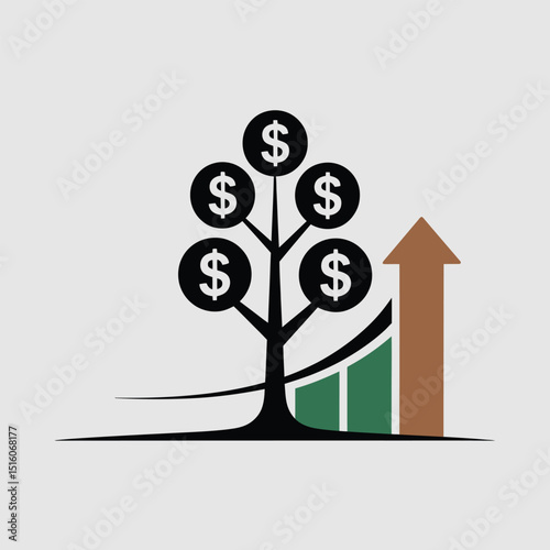 Financial growth concept illustration representing investment and economic success using dollar sign tree and upward arrow