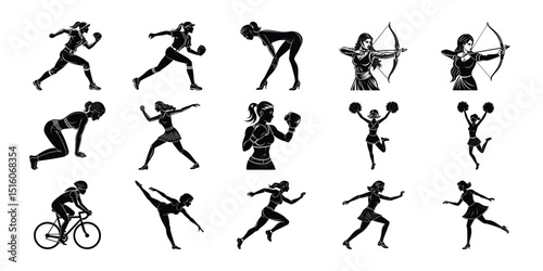 Diverse Sports Activities Featuring Silhouette Female Figures In Black.