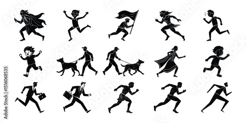 Collection of Running People Dogs and Individuals in Black silhouette vector bundles.