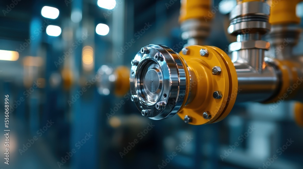 Obraz premium This image showcases a close-up shot of a shiny metallic pipe connection featuring bright yellow accents, highlighting industrial design and engineering intricacies.