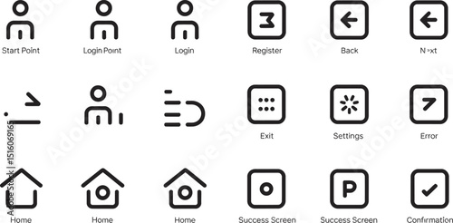 Collection of minimalist black and white user interface icons for various digital applications